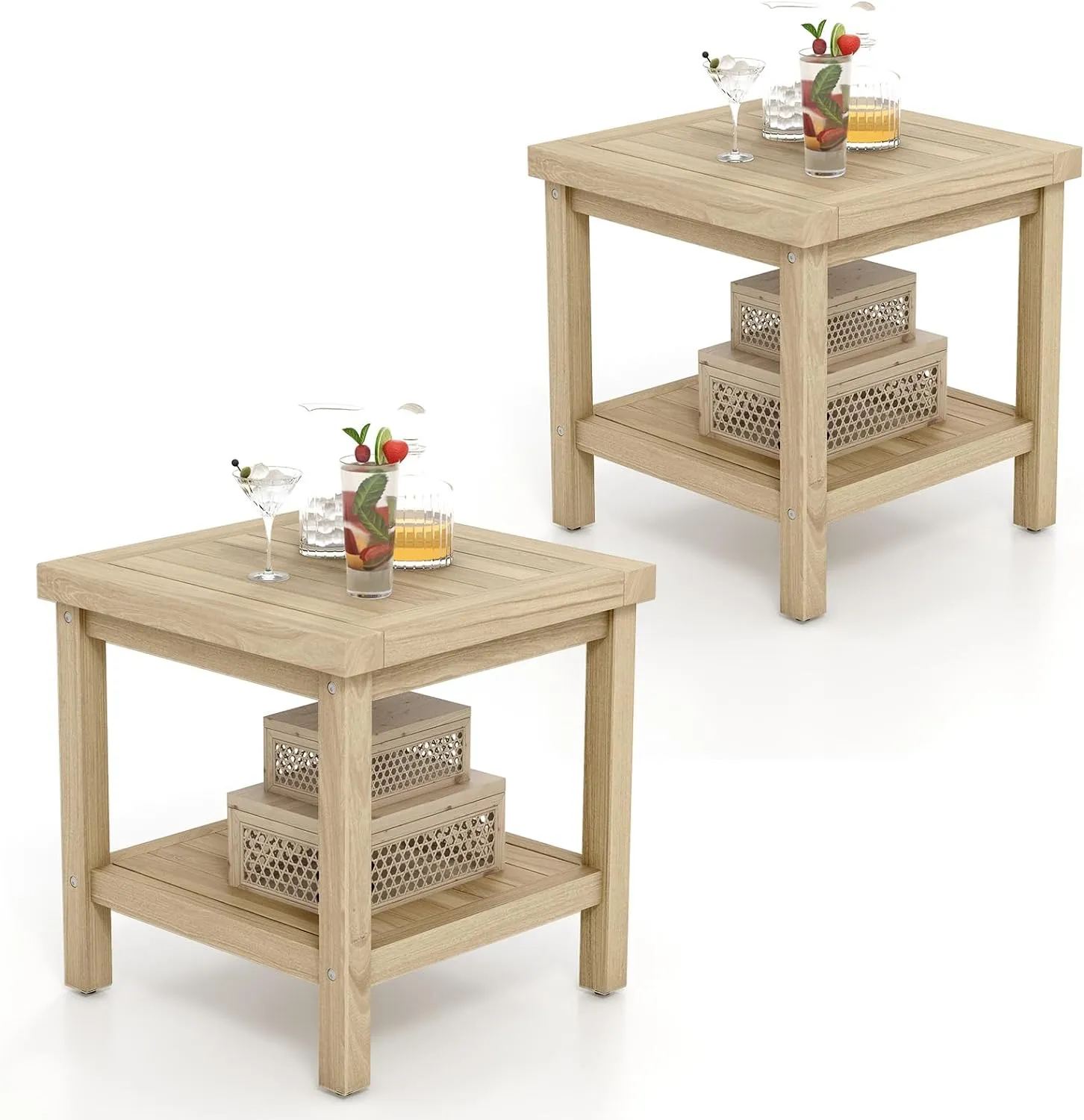 Tangkula 2-Tier Outdoor Side Table, Teak Wood End Table with Storage Shelf, Square Patio Snack Table