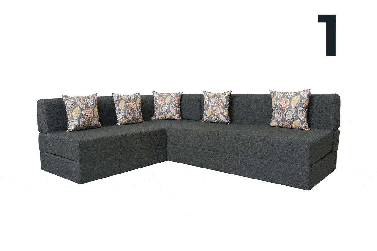 Uberlyfe L Shaped Sofa Bed, Dark Grey | 5 Seater | 5 Fallen Leaves Cushion