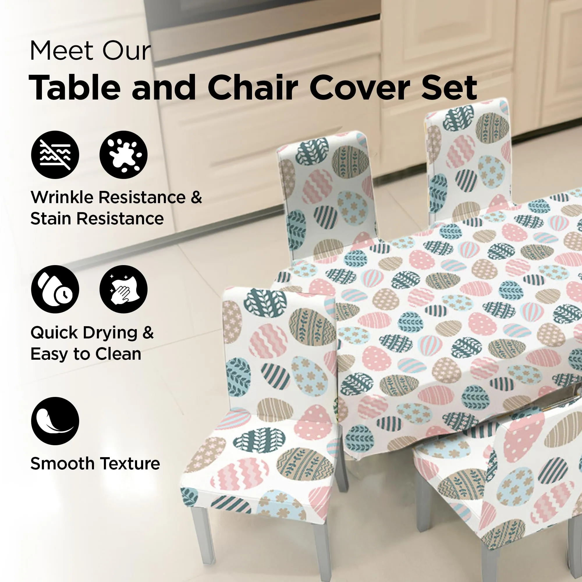 UMAI Dining Table Cloth | Dining Table Cover 4 Seater Cover Set | Water Proof Cloth Dust and Oil Repellent Washable | 4 Chairs 1 Table| Easter Egg Pattern Multicolour