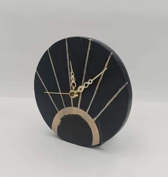 VR SOURCING Black Marble Round Shape Table Clock with Brass Inlay