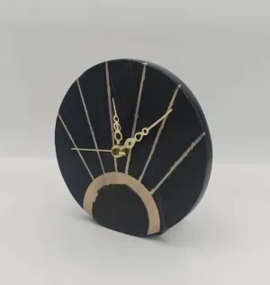 VR SOURCING Black Marble Round Shape Table Clock with Brass Inlay