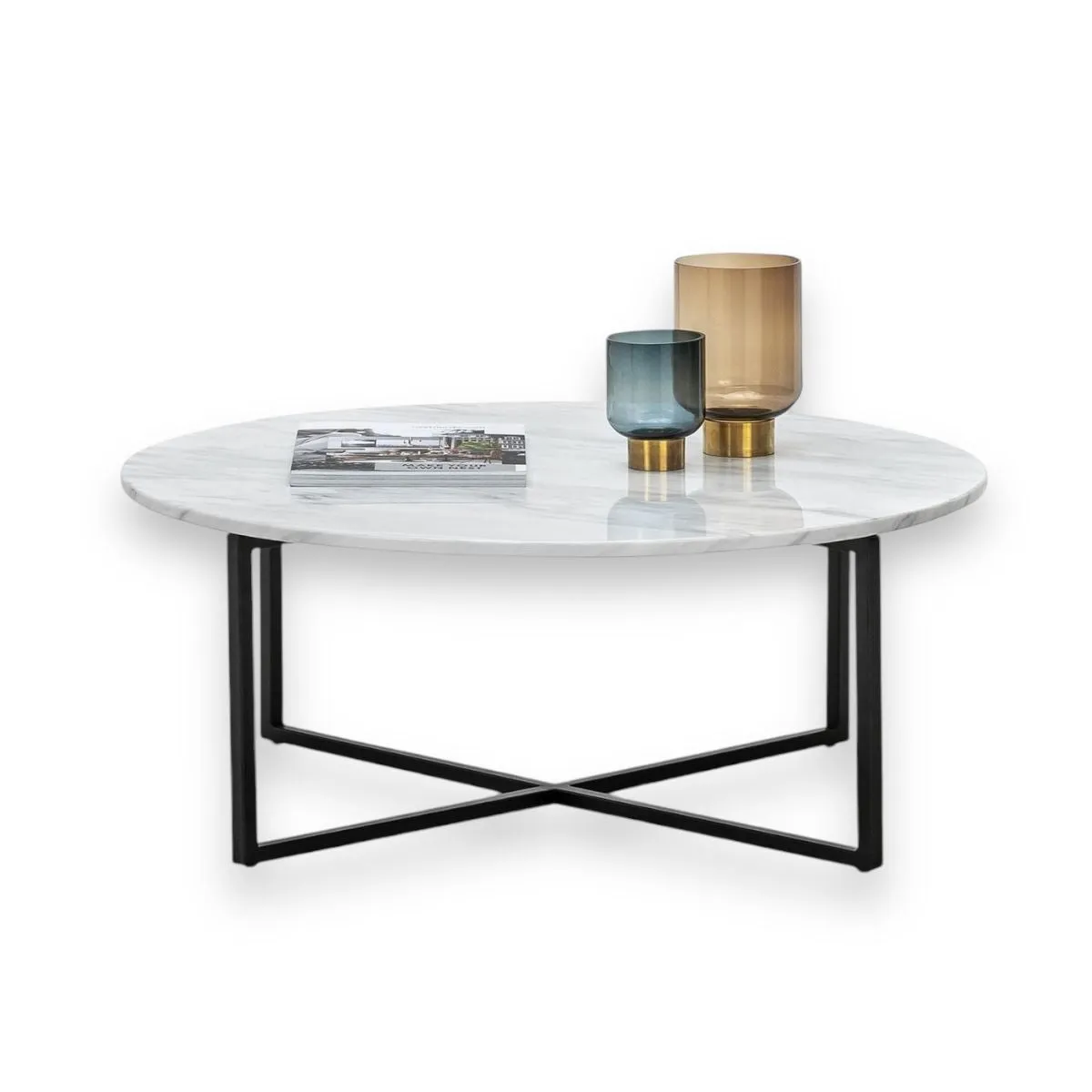 Wooden Twist Auxz Modern Contemporary Metal Base Marble Top Round Coffee Table ( White & Black )