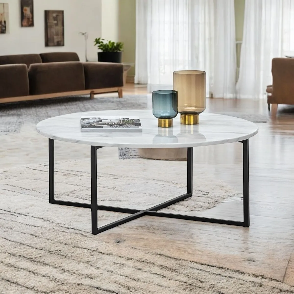 Wooden Twist Auxz Modern Contemporary Metal Base Marble Top Round Coffee Table ( White & Black )