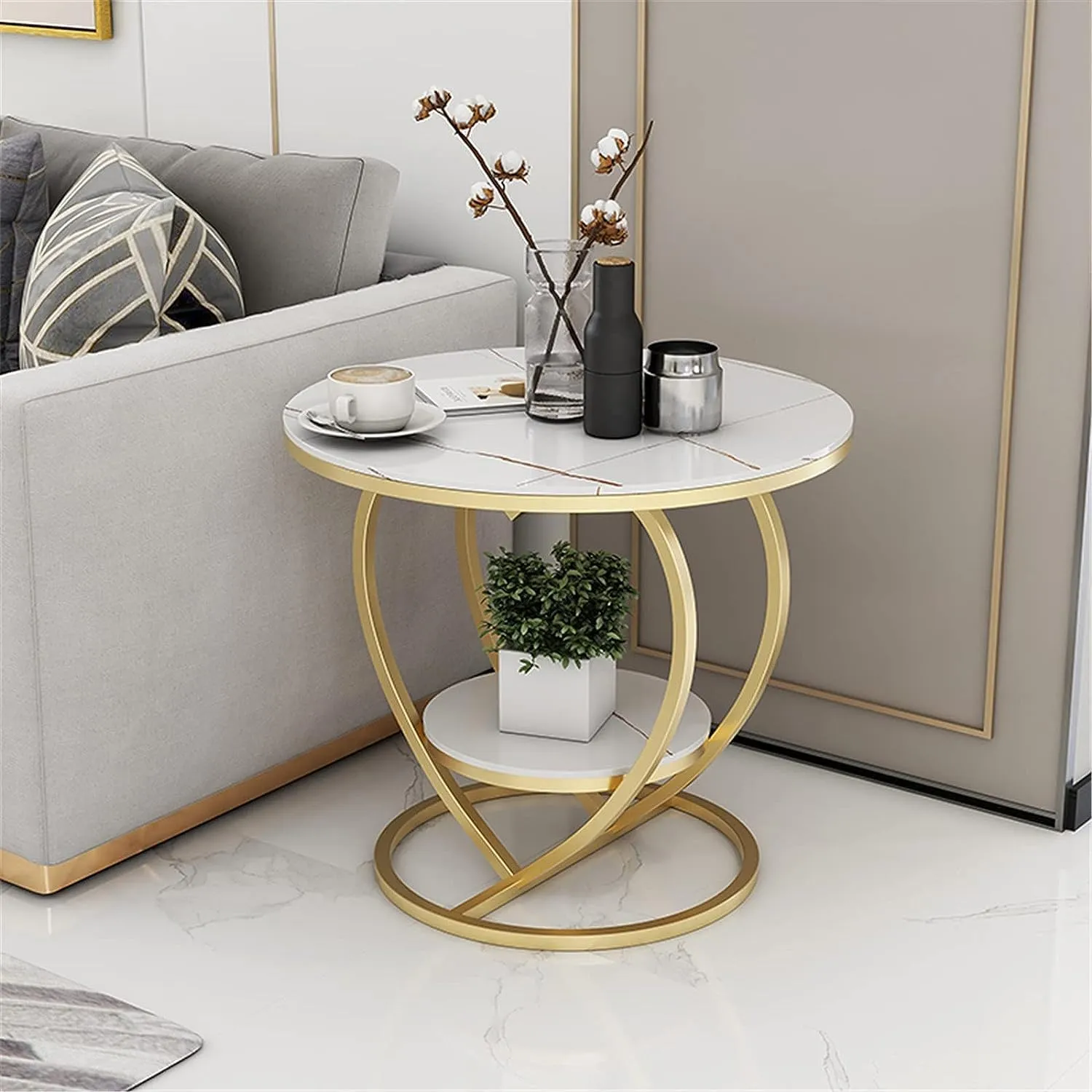 Zunno Modern Side Table, Stylish 2-Tier Coffee Table Teapoy for Living Room - Unique Heart Shape Bedside Table Nightstand for Bedroom (Gold,White)