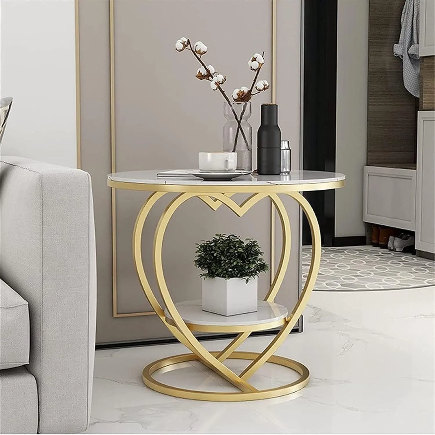 Zunno Modern Side Table, Stylish 2-Tier Coffee Table Teapoy for Living Room - Unique Heart Shape Bedside Table Nightstand for Bedroom (Gold,White)